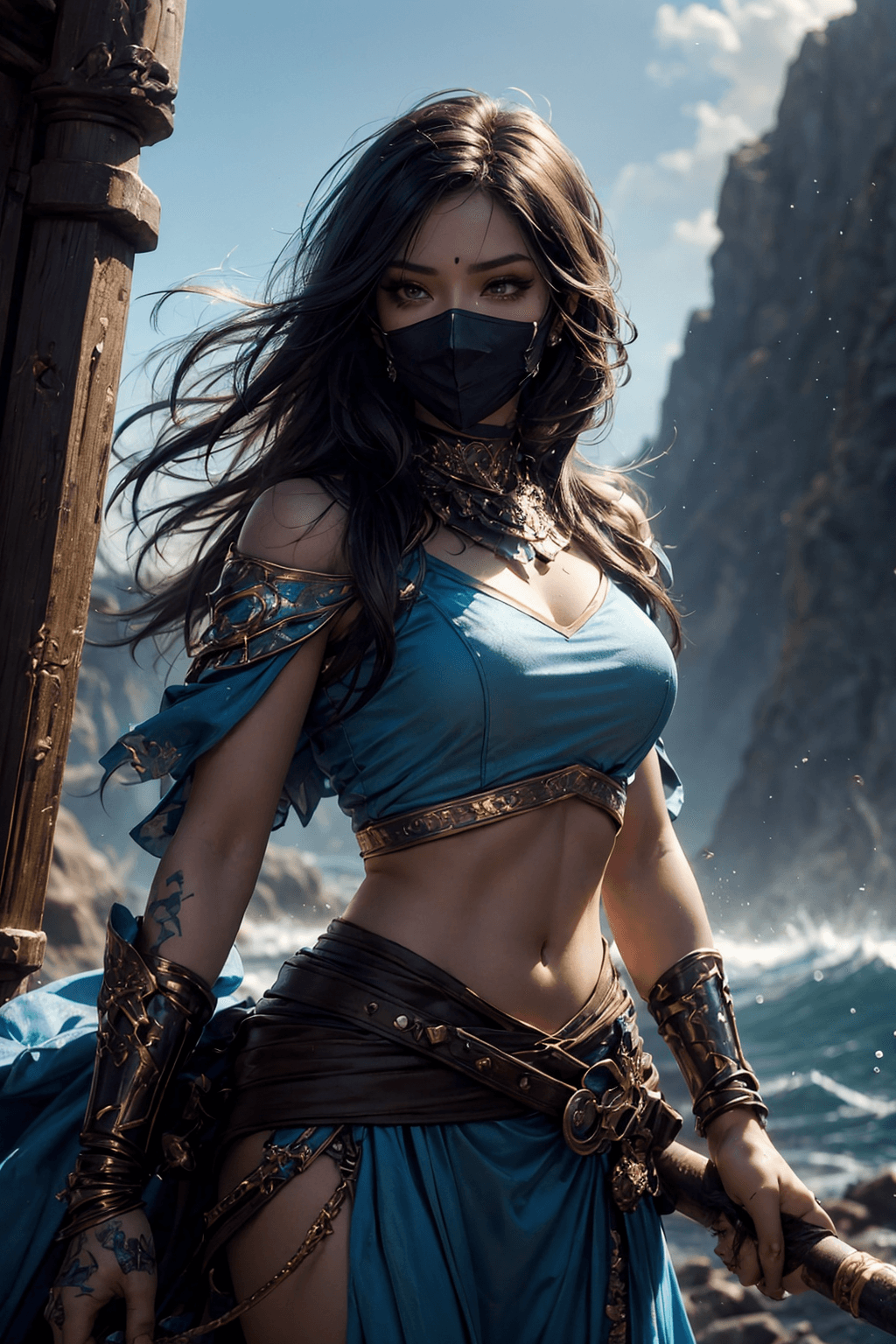 AI generated: a woman dressed in a light blue costume, with a bow and arrow, and a quiver on her shoulder, wearing...