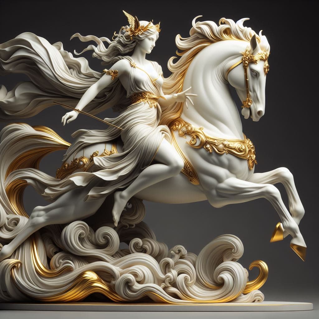 AI generated: Michael Page's meticulous 32K UHD artwork: high-quality resin fantasy of a Greek goddess riding a go...