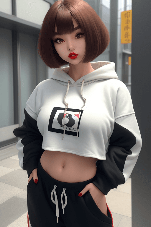 AI generated: 1 girl, beautiful japanese girl, (Cute Loose Bob hair), (wearing a cropped hoodie, capri sweatpants:...