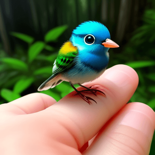 AI generated: a tiny bird that is sitting on someone's finger, in the style of cute and colorful, mesmerizing opti...