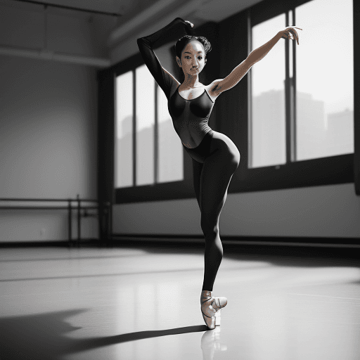 AI generated: Photo of an athletic Asian female ballet dancer in black bottoms and a white long-sleeved sheer top,...