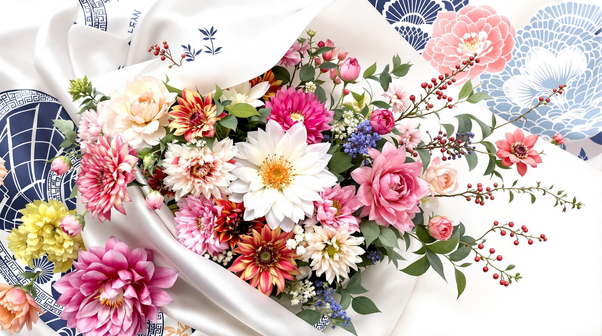AI generated:  A stunningly vivid Japanese floral bouquet is showcased, partially wrapped in a furoshiki with pred...