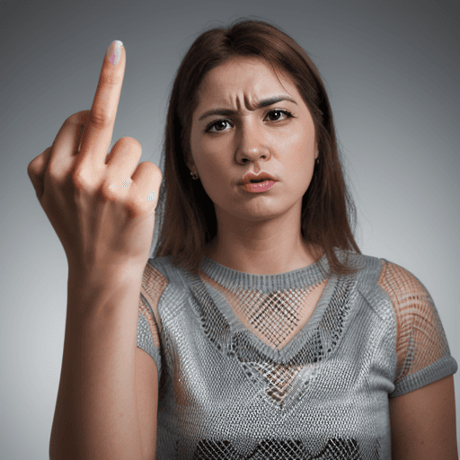 AI generated: adult woman holding up middle finger <lora:middlefinger-10:1>, high details,( photorealistic:1.2)