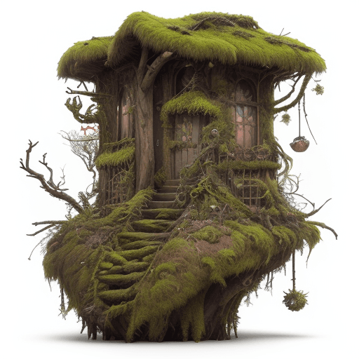 AI generated: (Wooden boards overgrown with moss entwined along the edge of intricate and various leaves and twigs...