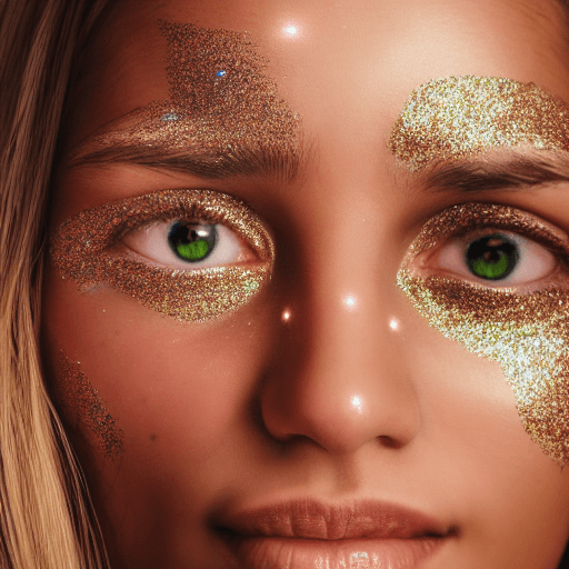 AI generated: close up portrait of woman looking towards the bright sun, glitter on her face, sun rays, glowy skin...