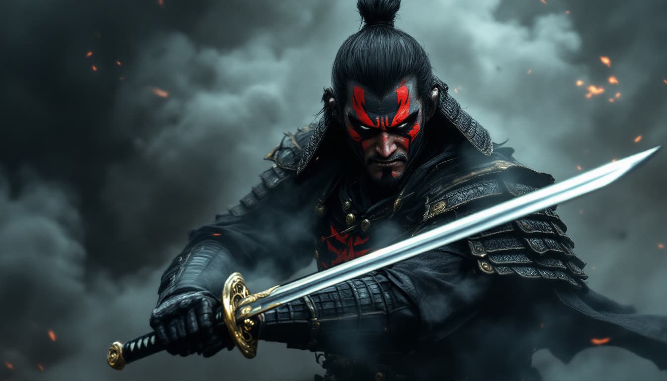 AI generated: Emerging from a tumultuous backdrop of swirling smoke and shadows, a fierce samurai warrior commands...