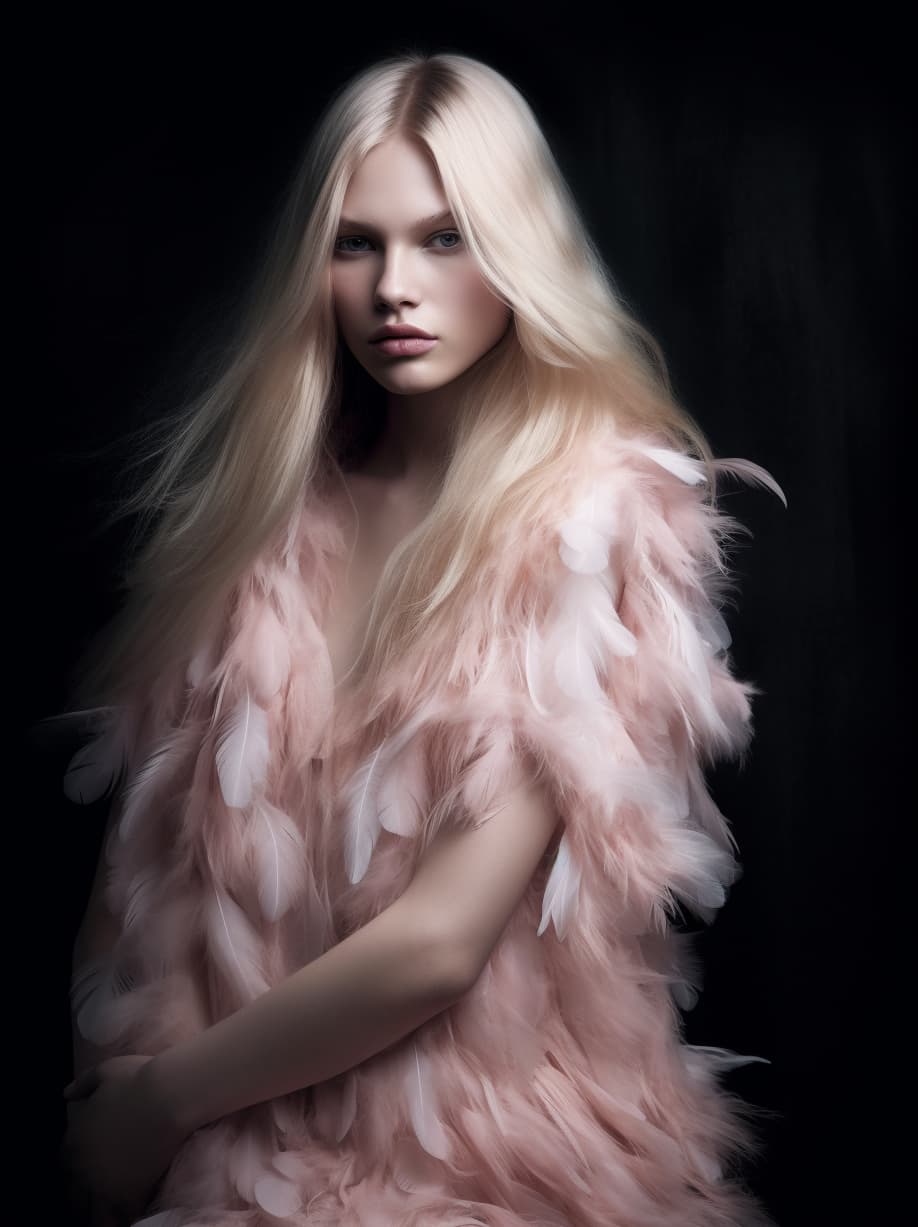 AI generated: photo of ((( single beautiful slavic long hair model ))) in a ((( light pink feather slit dress ))) ...