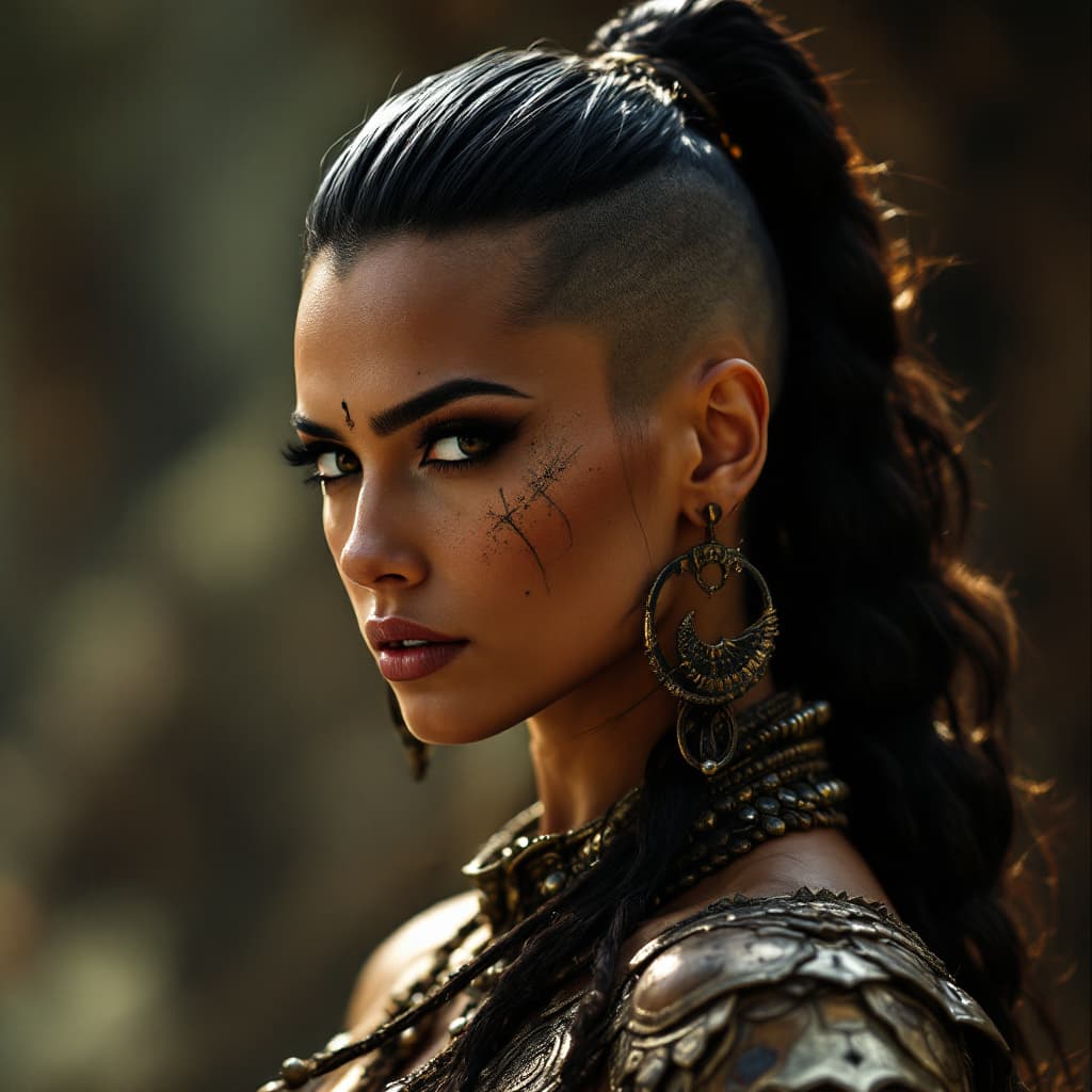 AI generated: indian warrior woman with slick swept back top and shaved undercut hairstyle
