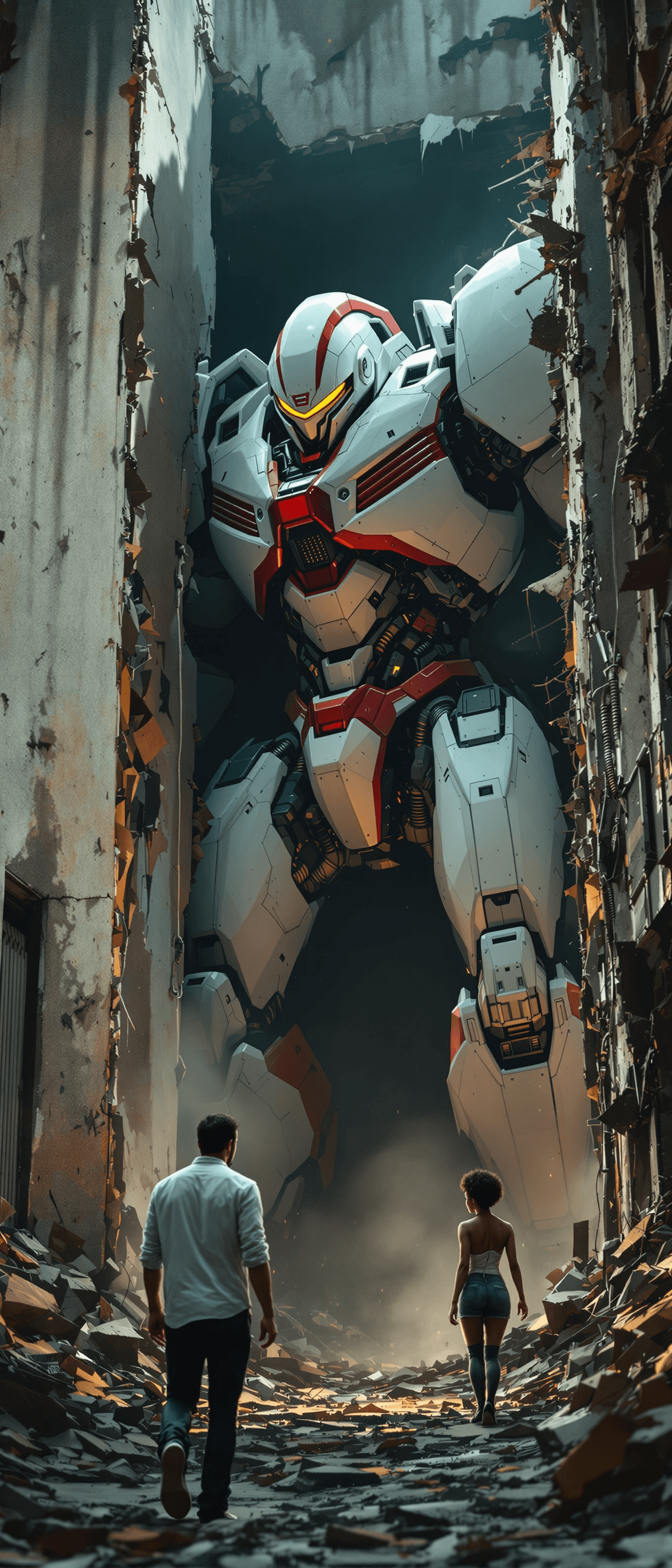 AI generated: Dystopian setting, Cinematic, 4k, massive white and red mecha robot emerging from behind a crumbling...