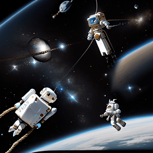 AI generated: a girl in white armor and her robot friend floating in space with a rope

