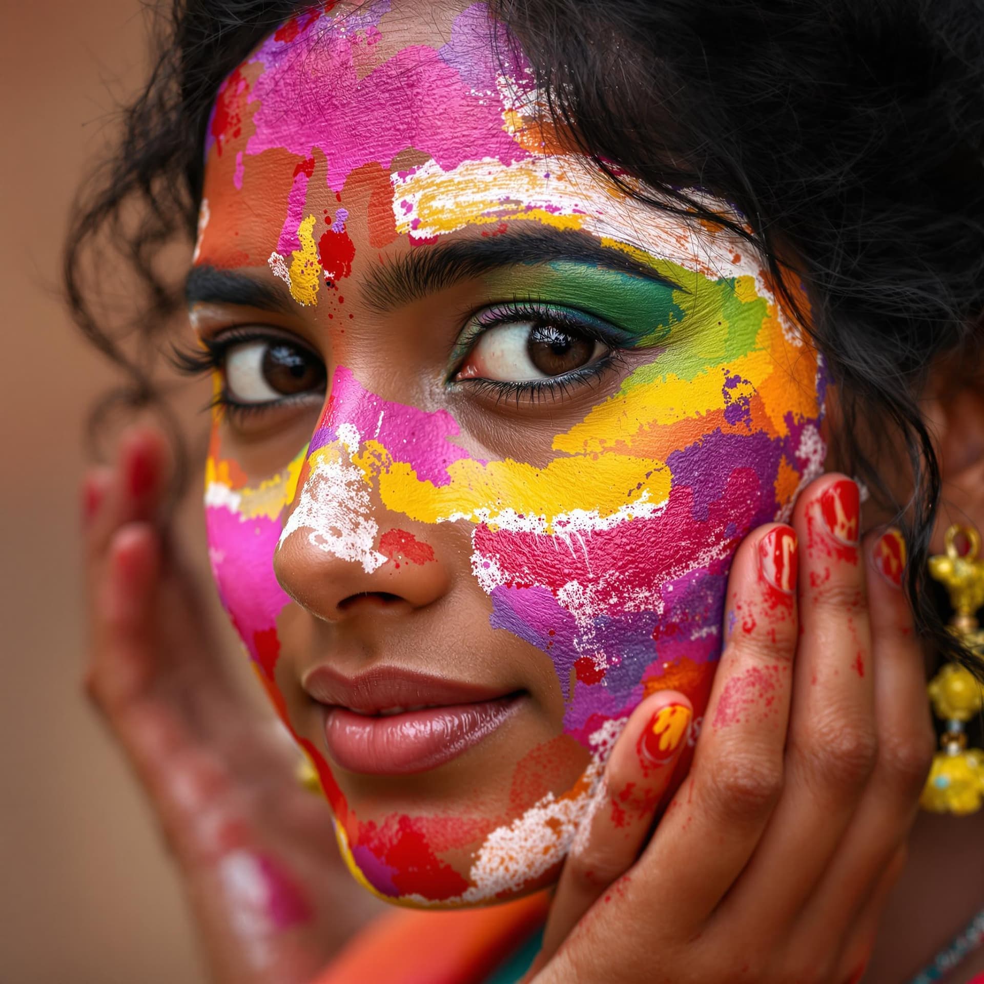 AI generated: Modern Indian Kerala girl with paint on her face, in the style of different colors, master of ink, a...