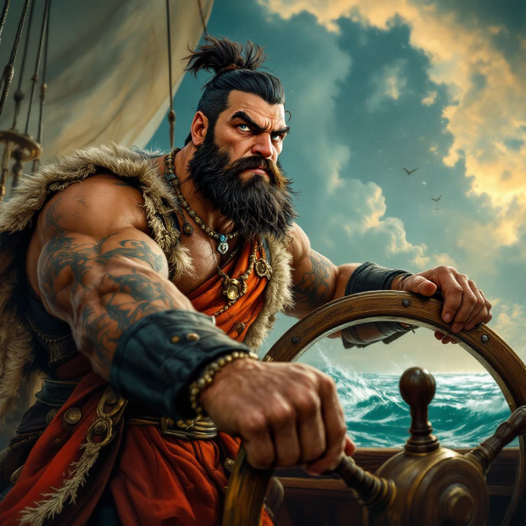 AI generated: A realistic caricature of a brave and strong man with a shaved face standing at the helm of a ship

...