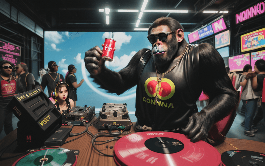 AI generated: DJ, Diddy Kong, Donkey Kong, headphones, sunglasses, cyberpunk, CD, record, cassette tape, genius mo...