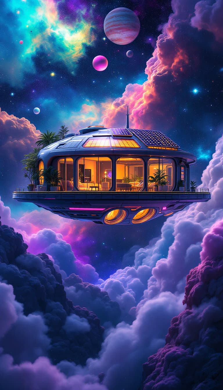 AI generated: "A futuristic house floating in outer space, equipped with glowing solar panels and panoramic window...