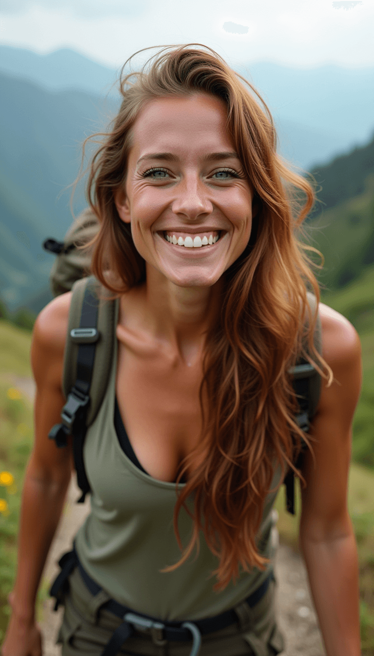 AI generated: photograph of a woman, happy and smiling, long bronze hair, light-blue eyes, fair complexion, (freck...