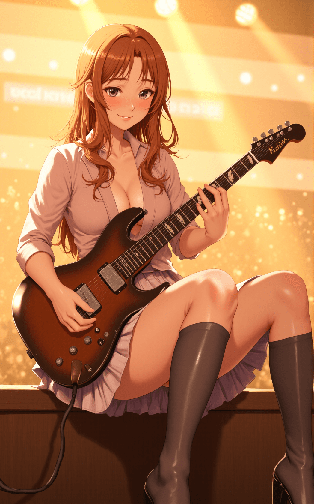 AI generated: A Yuuki Asuna sits on a sunlit stage, playing a sleek electric guitar with focus and joy. Her long, ...