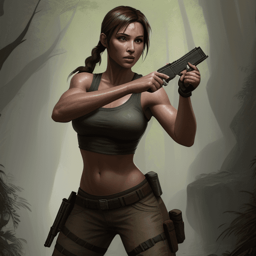 AI generated: Photo of a female as Lara Croft, holding Gun, outdoor, natural day lighting, depth of field, concept...