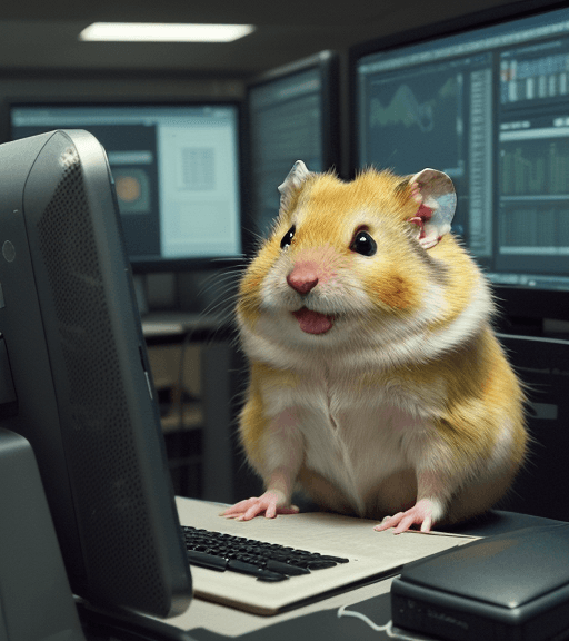 AI generated: an extremely distressed but cute golden hamster who is crying at a computer terminal and is very ups...