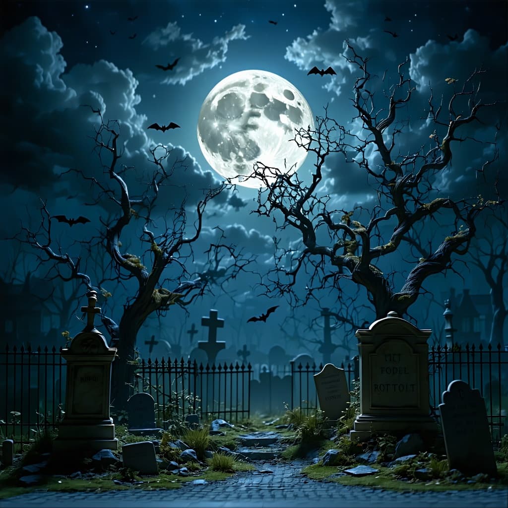 AI generated: generate a nighttime image of a spooky backdrop for a diorama. The scene should be high contrast wit...