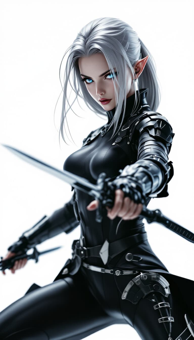 AI generated: A swift, female assassin demonstrates her lethal capabilities, her slender silhouette and sleek, sil...