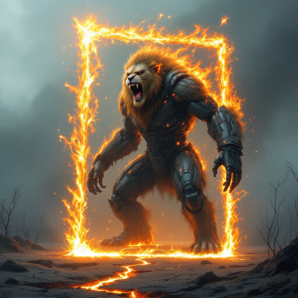 AI generated: The monstrous chimera stands trapped within a visible, square-shaped frame of roaring flames, which ...