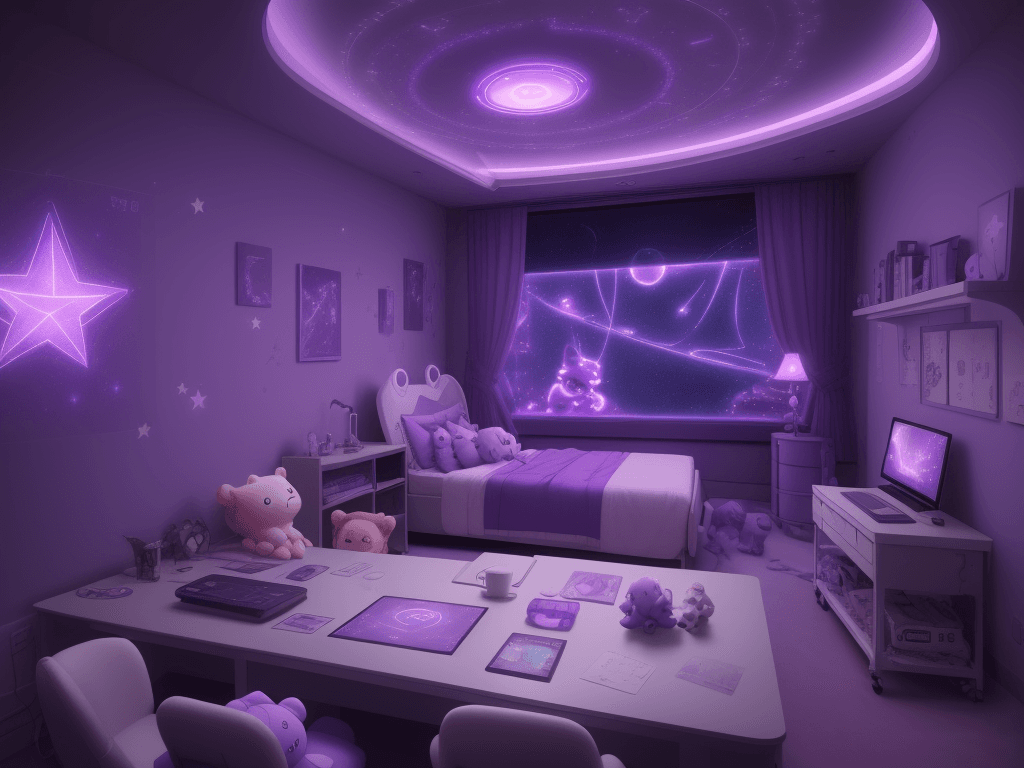 AI generated:  aesthetic spaceship bedroom, anime style, night, coffee machine on desk, cute plush animals, purple...