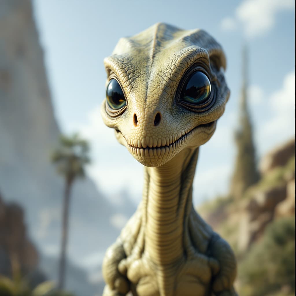 AI generated: Hyper realistic eye level exterior photo of a Alien dinosaur  daylight, indirect lighting, AD magazi...