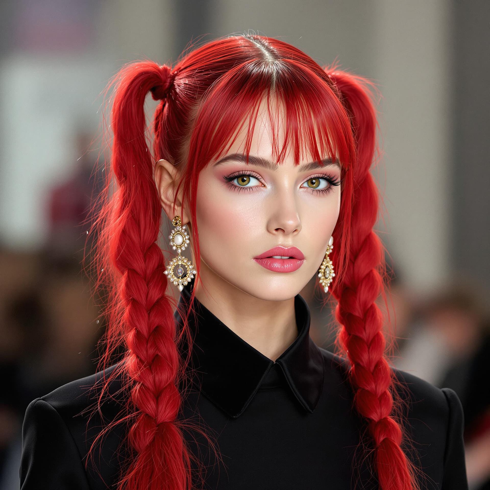 AI generated: Vogue runway model with long red pigtails in candycore hair style, pale skin and light pink lips --v...