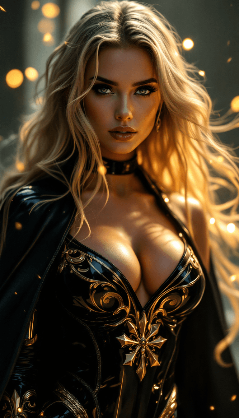 AI generated: A stunning and powerful female character with long, flowing blonde hair, illuminated by dramatic lig...