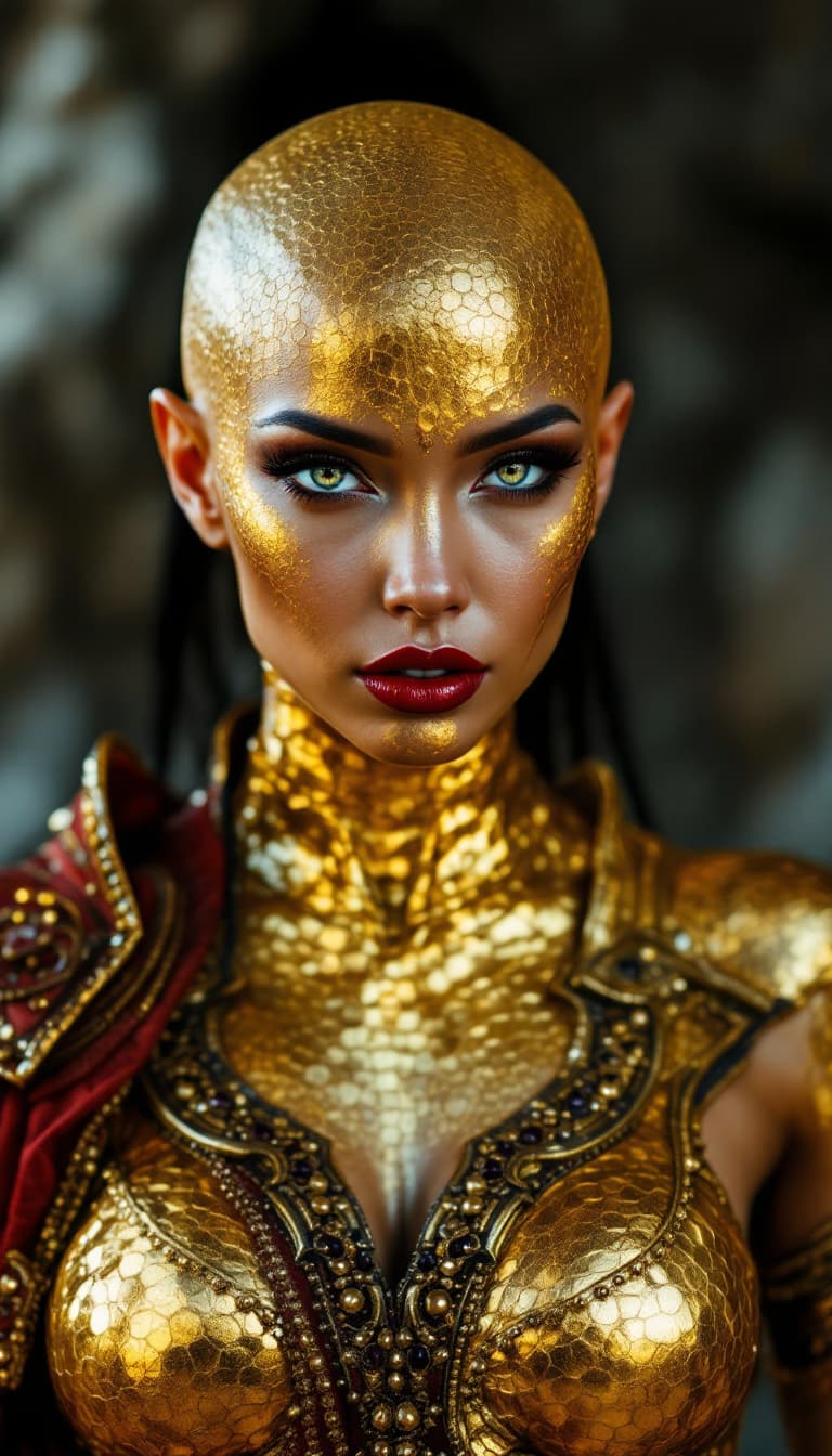 AI generated: A beautiful, bald woman with skin made entirely of hammered gold texture, alluring expression, serpe...