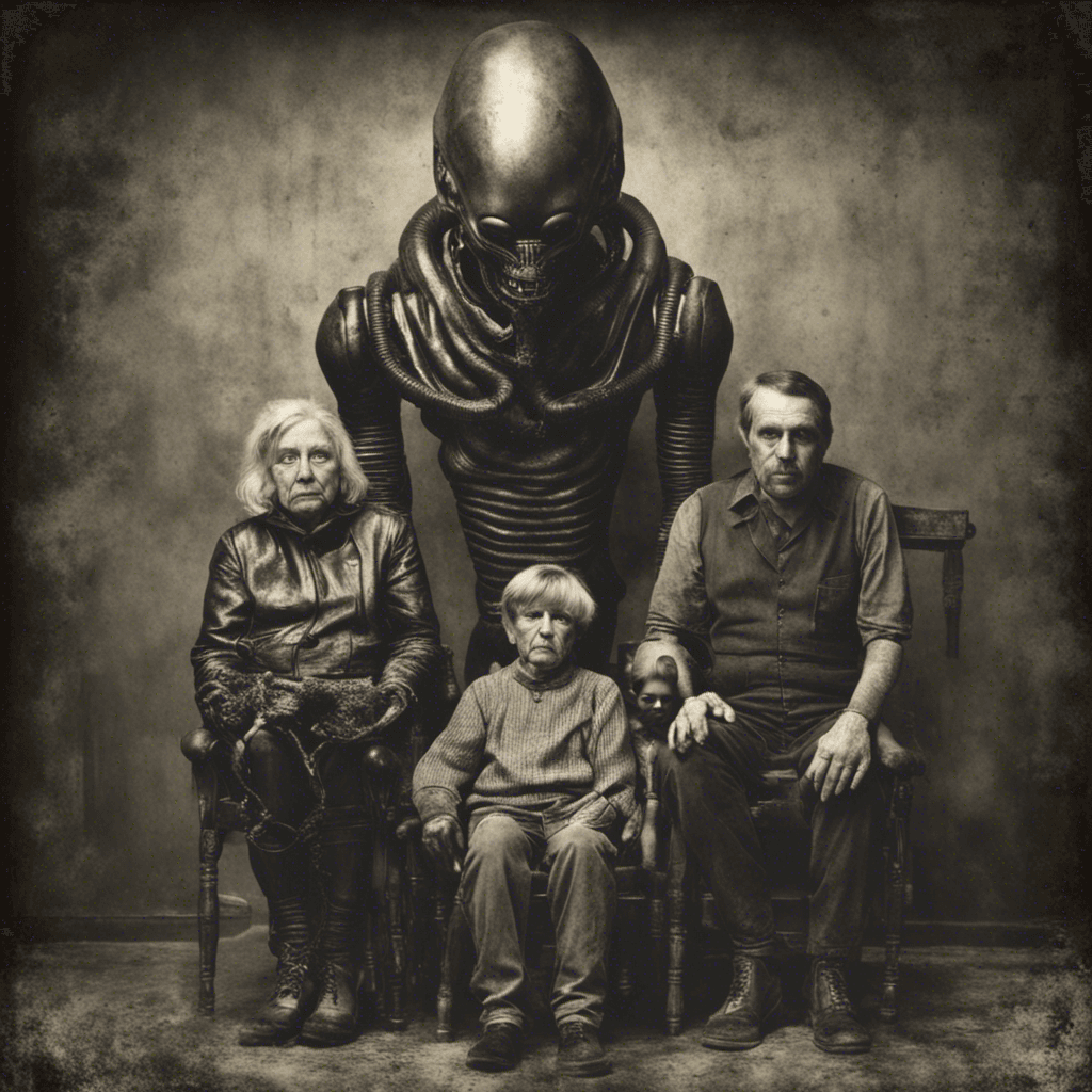AI generated: daguerotype photo, family, with alien monster, style: Murnau