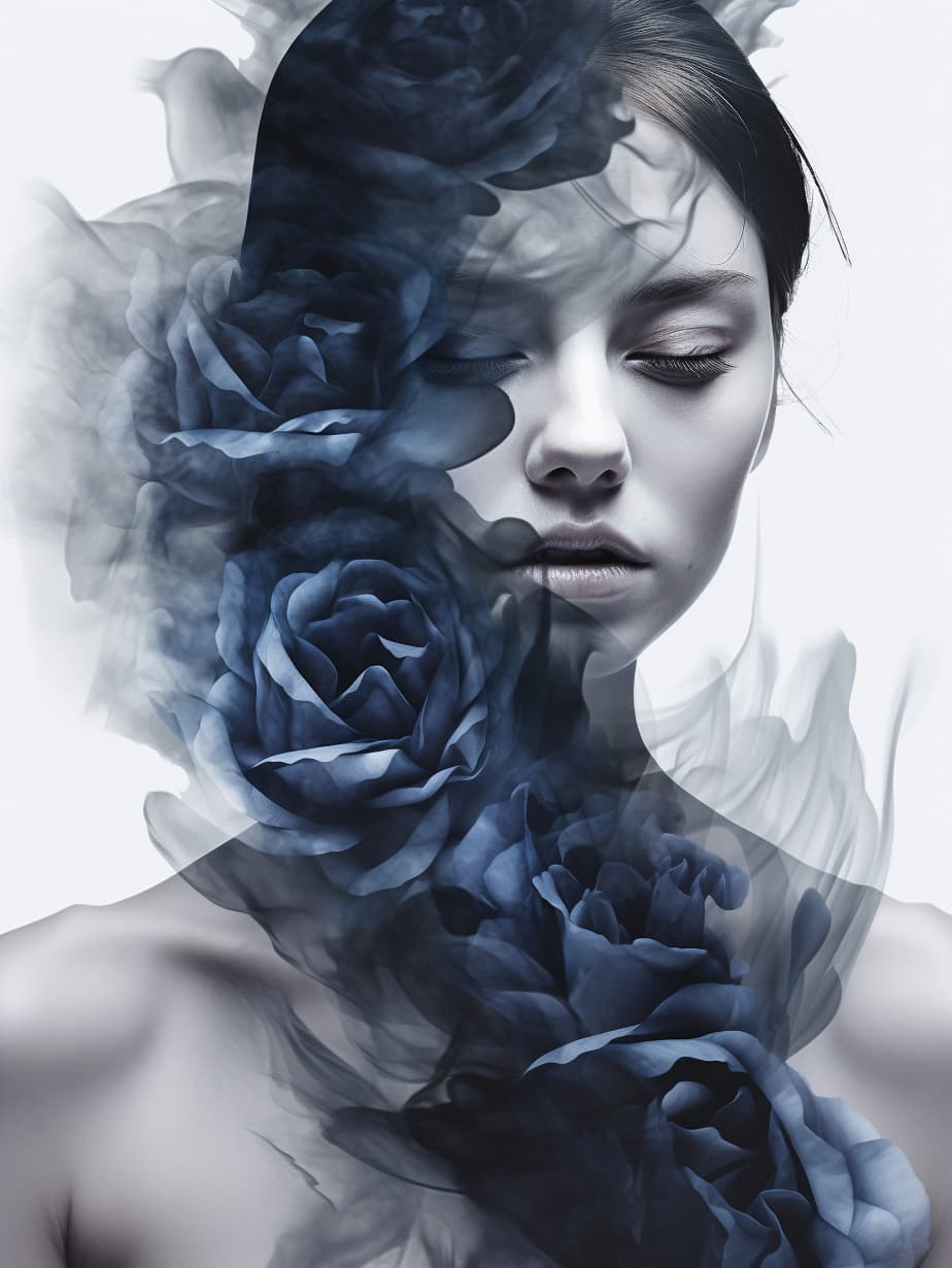 AI generated: 3 d, white and black smoke, sun rays, confident fashion model, sweat skin, liquid black metal, black...