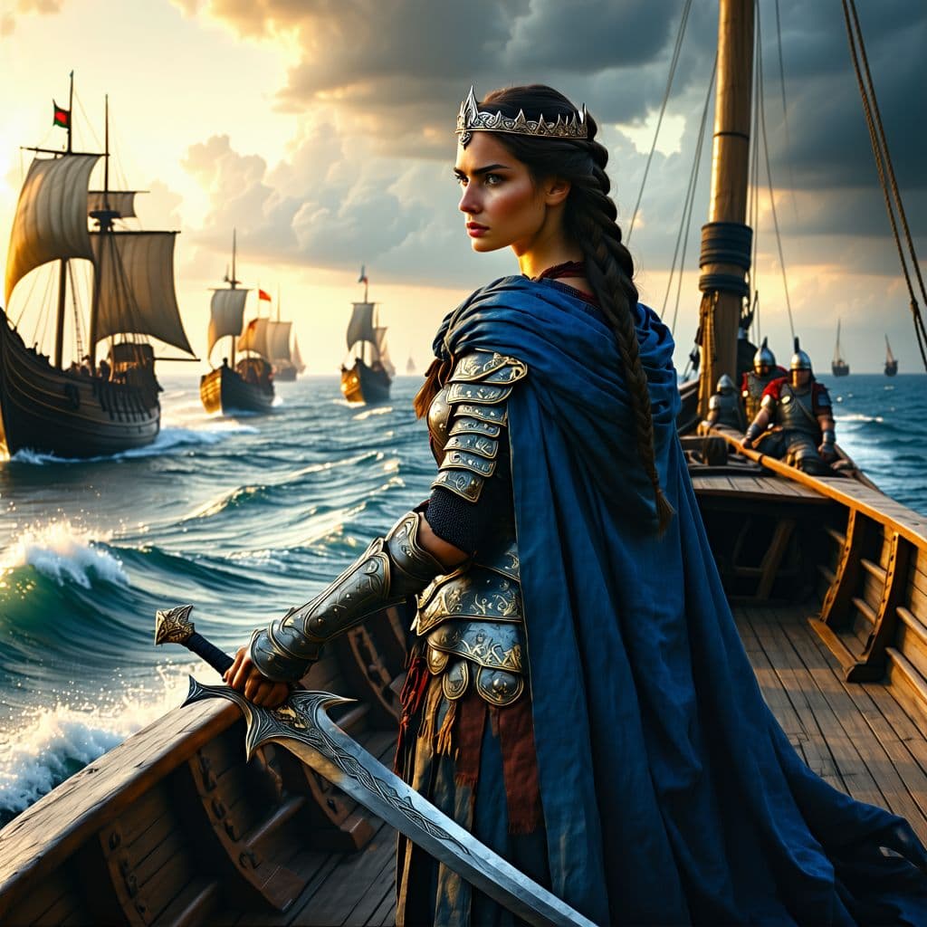 AI generated: Prompt: A powerful and determined Queen Teuta of Illyria stands at the prow of her warship, sailing ...