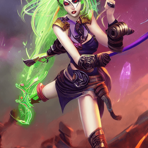 AI generated: painterly style, seductive female League of legends Jinx character fighting at war, raging, crazy sm...