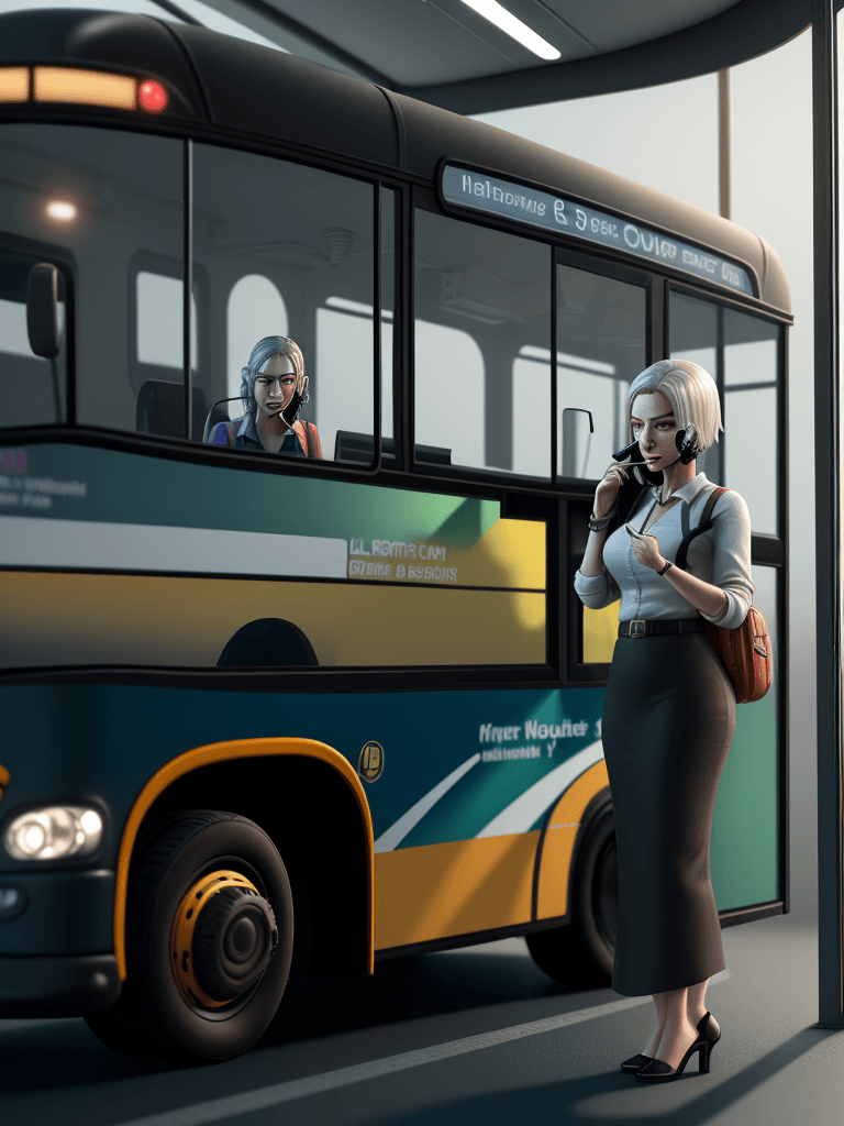 AI generated: Woman making phone call while holding a miniature bus. cinematic, hyper realism, high detail, octane...