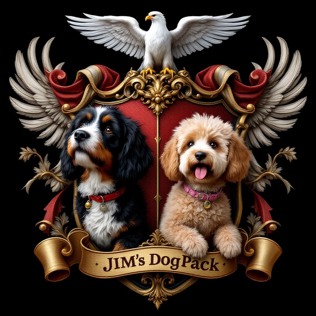 AI generated: magina photorealistic photo. coat of arms shield. on the shield writing in gold JIMs DogPack. on the...