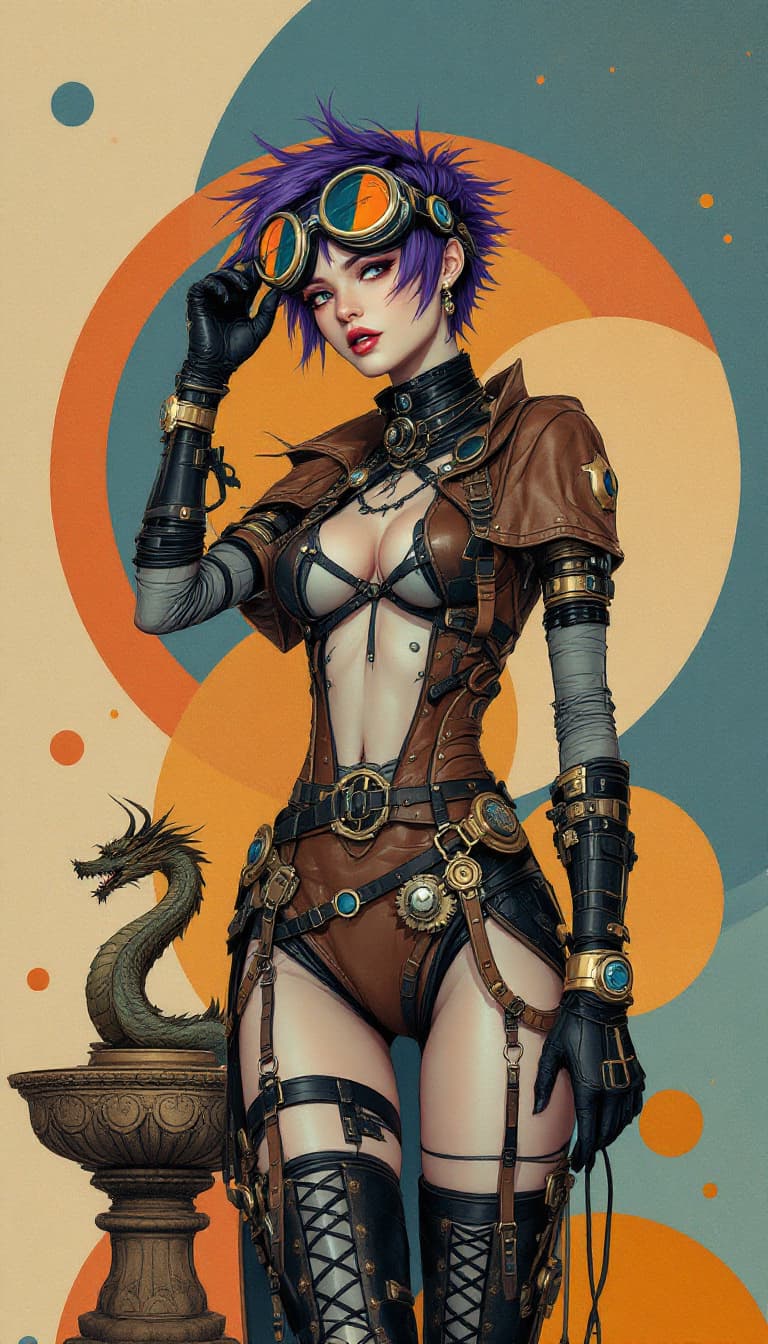 AI generated: Image is a digital illustration featuring a futuristic, steampunk-inspired character. The layout is ...