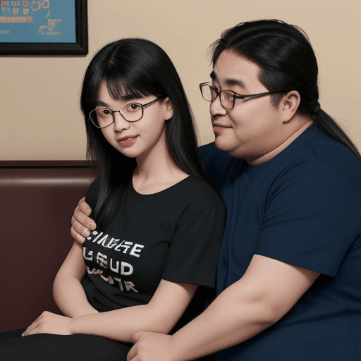 AI generated: Two Asians face forward. A 40-year-old father and a 15-year-old girl were sitting very close to each...