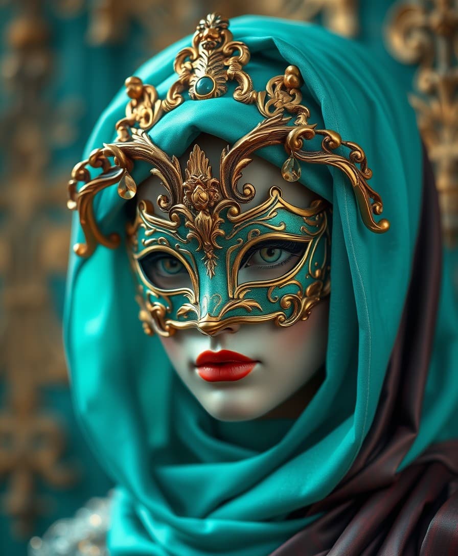 AI generated: a woman wearing an elaborate mask around her face, in the style of vray tracing, cloisonnism, turquo...