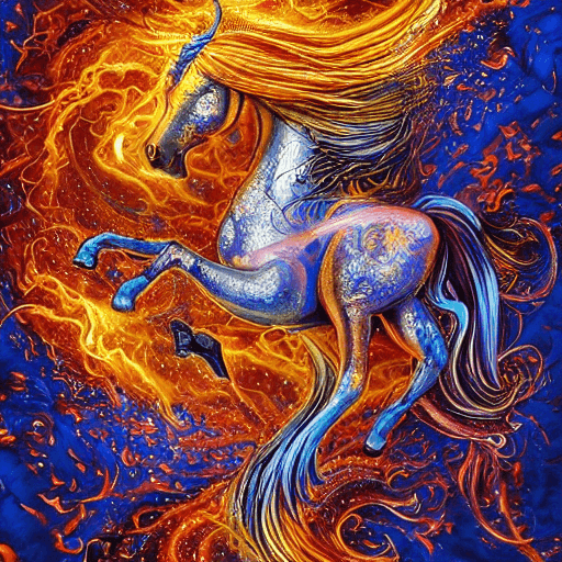 AI generated: A mesmerizing (Unicorn-Horse) crafted from swirling fire and lava, adorned with enchanted swirls, Th...