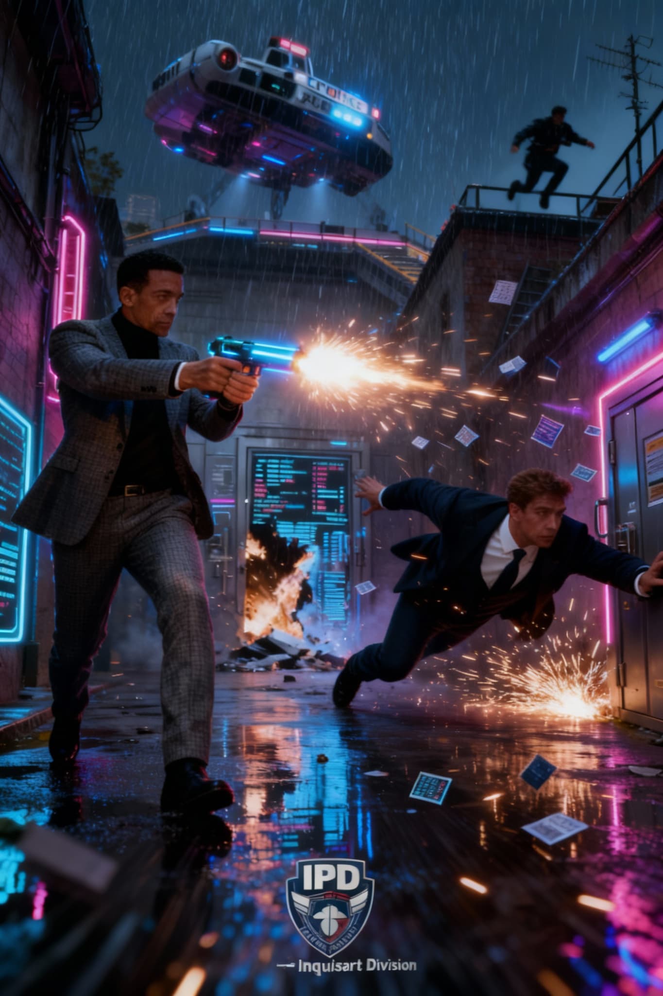 AI generated: Detectives Gardner, character one, and Briskal, character two. Two futuristic detectives pursue a fu...