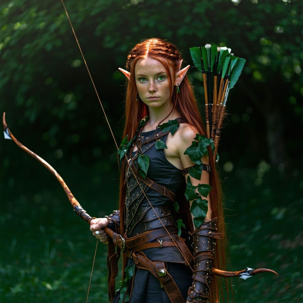 AI generated: A youthful elf woman stands ready, her long limbs and free-flowing burgundy hair create a striking c...