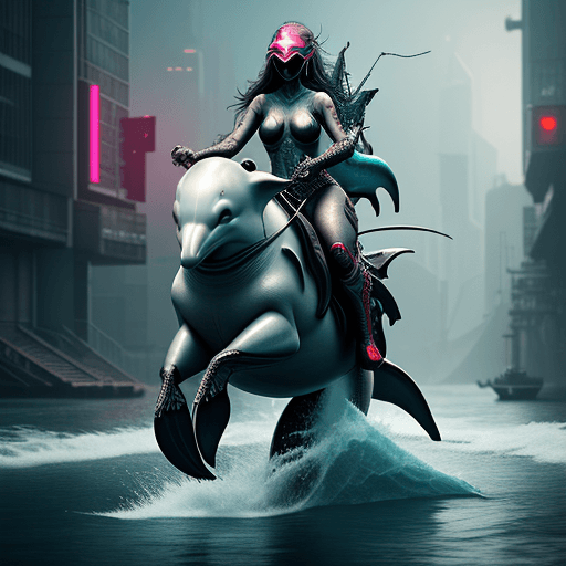 AI generated: mermaid riding a dolphin, red eyes, mask, cyberpunk, intricate artwork . octane render, trending on ...