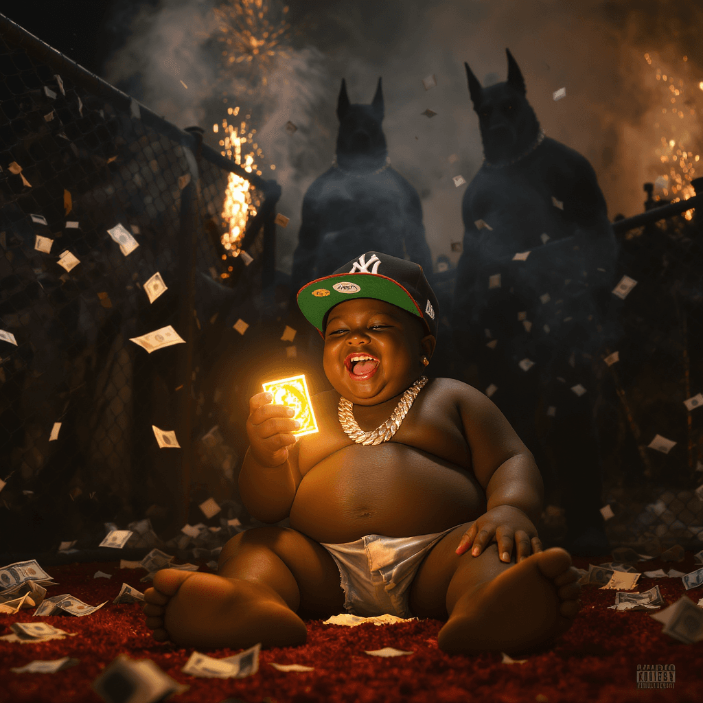 AI generated: A LITTLE FAT 4 YEAR OLD BABYBOY SITTING ON THE GROUND, LAUGHING, FULL OF JOY, LOOKING AT ONE GLOWING...