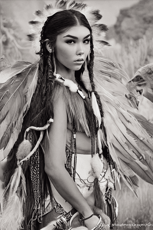 AI generated: mdjrny-v4 style portrait photograph of Madison Beer as Pocahontas, monkey mascot, perfect symmetrica...