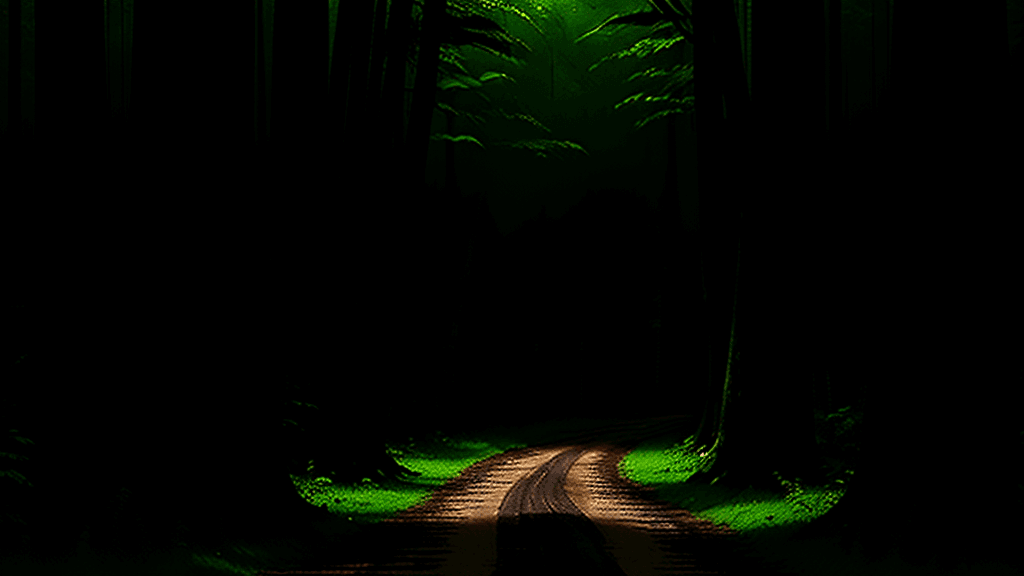 AI generated: A scary forest with tall trees and lush foliage, gentle rain falling on the leaves and forest floor,...