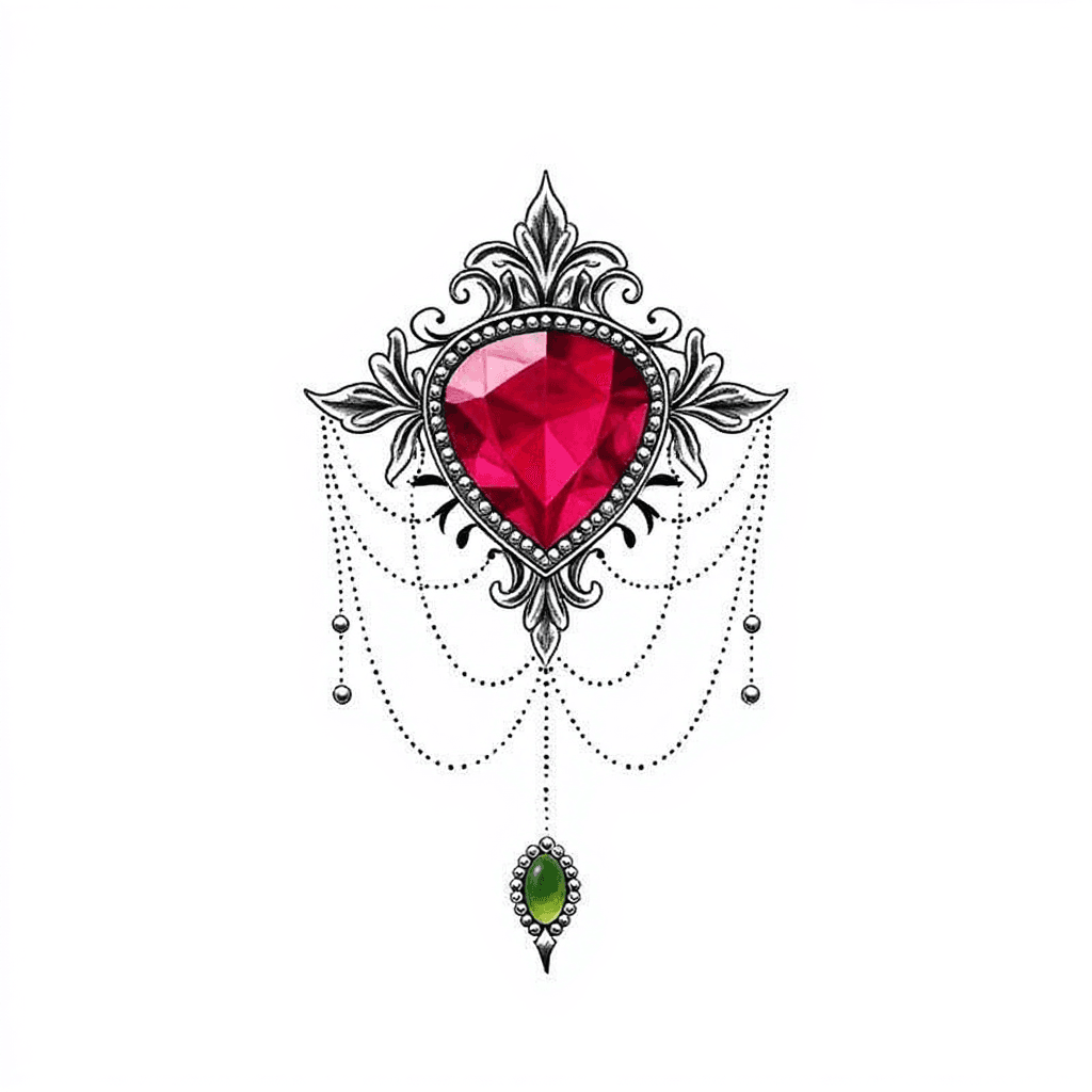 AI generated: Underboob tattoo, ruby in the centre ,  lace, rose, delicate chain of pearls that go from centre of ...