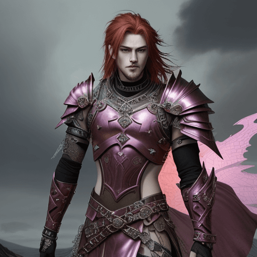 AI generated: Grunge style, stylish male, (a fearless hero:1.3) , red hair, (fantasy-inspired design:1.25) , (pink...