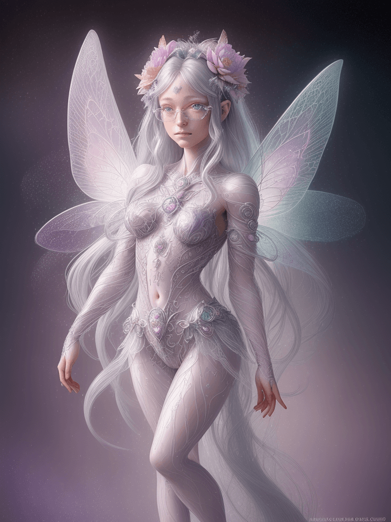 AI generated: Full body, Small highly detailed incorporeal fairy made of silvery light, Bokeh pollen specs multico...