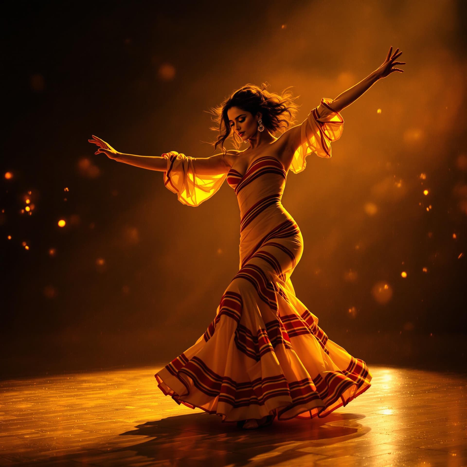 AI generated: photo of Penélope Cruz, in a Spanish flamenco dance floor, passionate Indian beauty, flamenco dancer...